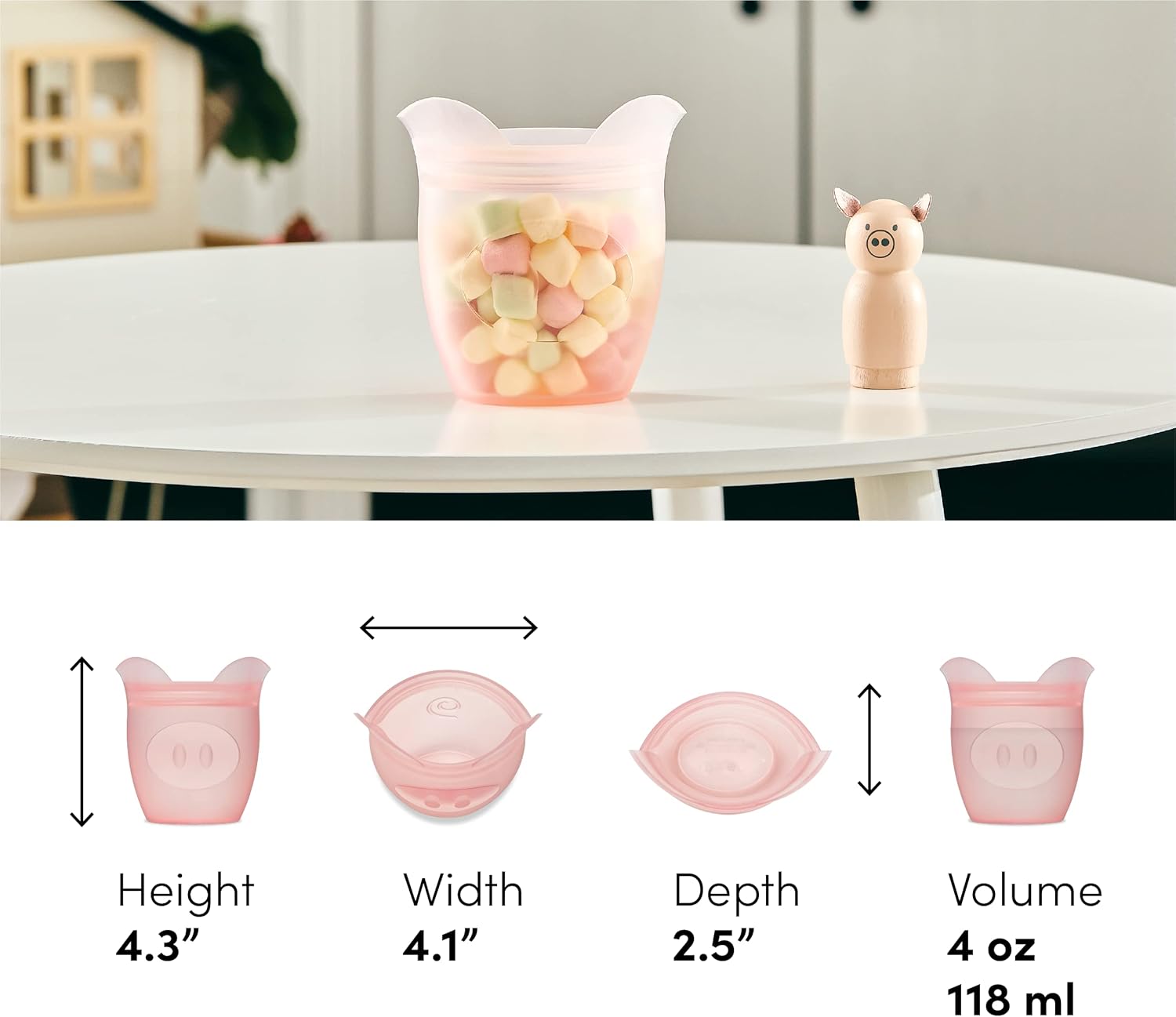 Zip Top Reusable 100% Silicone Baby + Kid Snack Containers - The only containers that stand up, stay open and zip shut! No Lids! Made in the USA - Pink Pig - Blissbrew