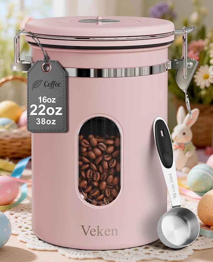 Veken Coffee Canister with Window, Easter Gifts Airtight Stainless Steel Container with Lids, Home Kitchen Food Storage Jars for Grounds, Beans, Tea, Flour, Cereal, Sugar, Basket, Scoop, 22OZ, Pink