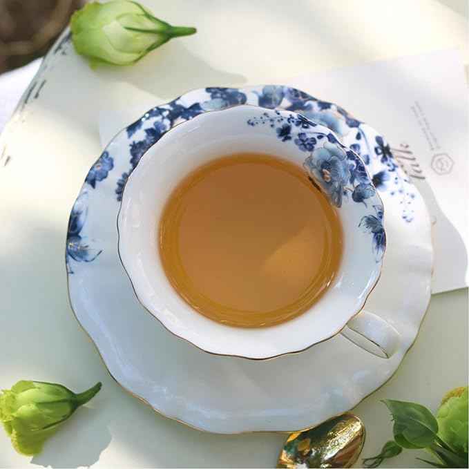 21-Piece Bone China Tea Set for Adults, Blue and White Porcelain Tea Set for 6, Vintage Floral Tea Cup Set With Teapot, Tea Party Sets for Women Gift，Gift Box