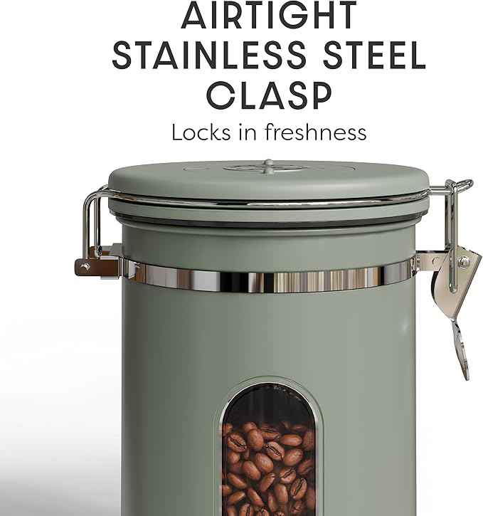 Veken Coffee Canister with Window, Easter Gifts Airtight Stainless Steel Container with Lids, Home Kitchen Food Storage Jars for Grounds, Beans, Tea, Flour, Cereal, Sugar, Basket, Scoop, 22OZ, Green