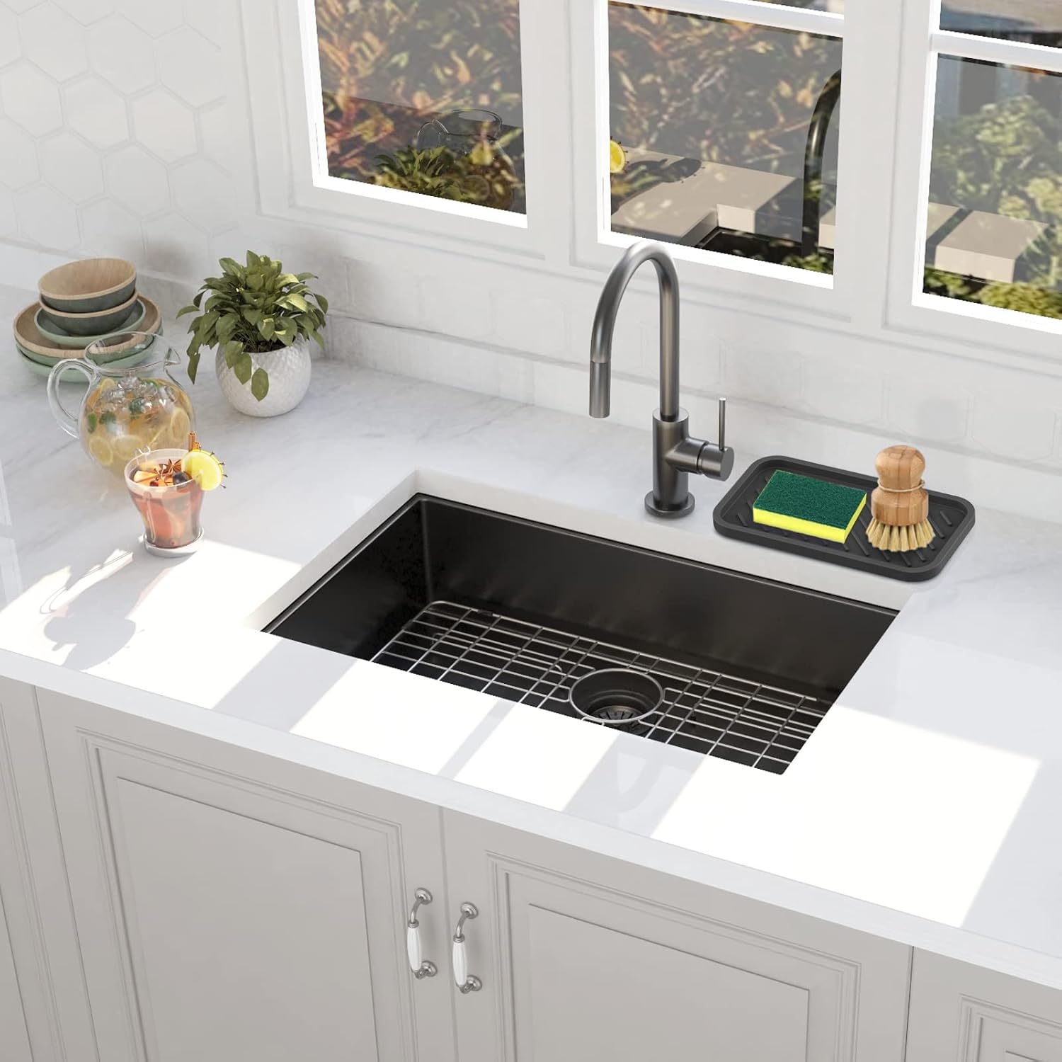 EG-SIPRO Kitchen Sink Organizer Tray,Sponge Holder for Kitchen Sink Bathroom Counter Tray Sponge Caddy Silicone Soap Holder for Soap dispenser, Bottle, Dishwashing Accessories(2-pack)