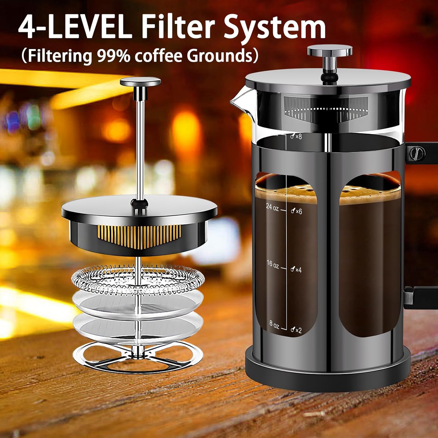 French Press Coffee Maker (34oz 1Quart 5-6Cup) Coffee Press, with 4 Filters System, Heat Resistant Thickness Borosilicate Glass, Cold Brew Coffee Tea Pot Gifts (Bright Black) - Blissbrew