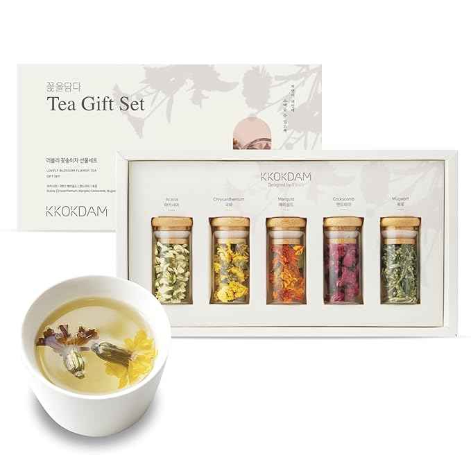 KKOKDAM Lovely Blossom Flower Tea Sampler in Glass Jars - Premium 5 Loose Leaf Herbal Tea Variety Pack, Women & Mom Gift Box