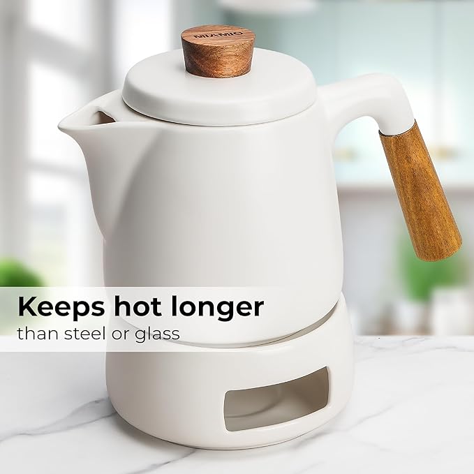 MIAMIO - Teapot Set with Warmer / 34 oz Tea Kettle with Infuser for Steeping Loose Tea Leaves - Gift for Women/Tea Lovers (White)