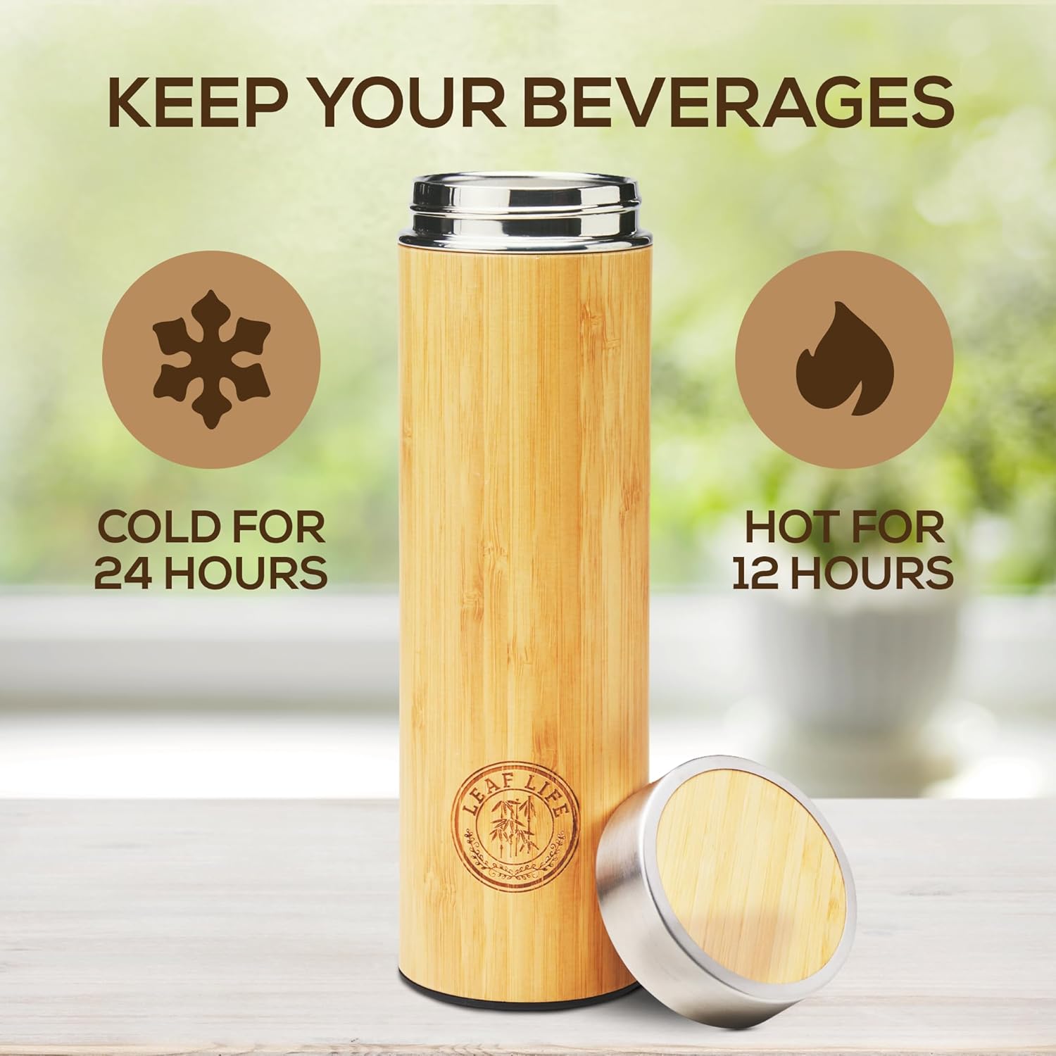 LeafLife Premium Bamboo Tea Bottle for Loose Tea - Tea Infuser Bottle - Tea Gifts - Insulated Water Bottle/Coffee Tumbler/Tea - Tea Gift Set, Tea Accessories - Tea Tumbler 22oz