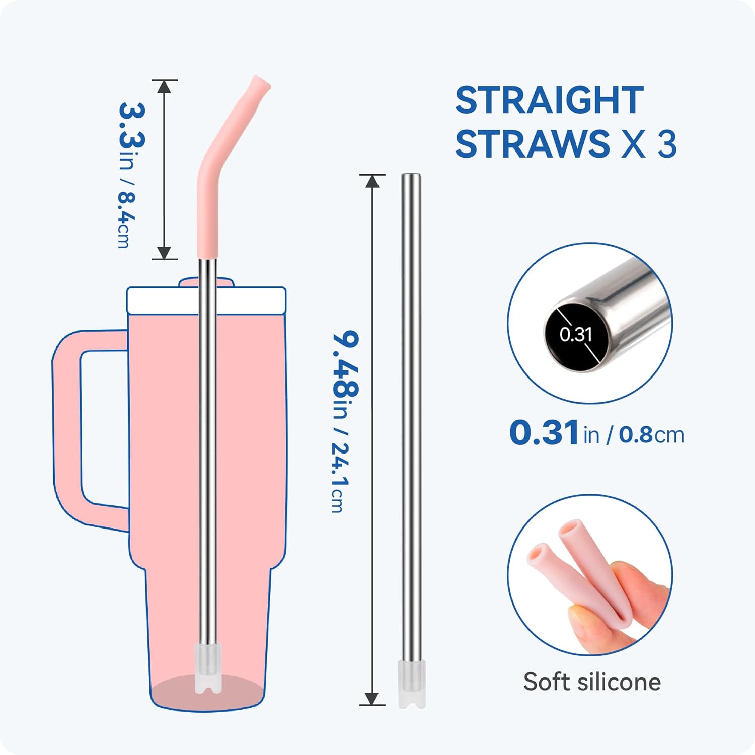 Reusable Metal Straws with Silicone Tip for Stanley 30oz,Stainless Steel Drinking Straws for 30oz Tumbler,3 Straight Tubes & 6 Tips& 1 Cleanr Brush (Transparent)