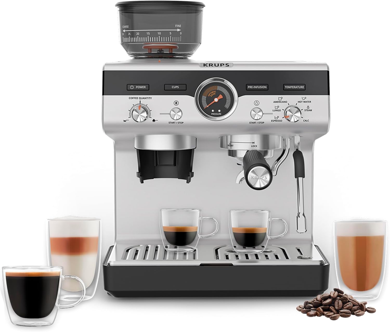KRUPS Precision Espresso Coffee Machine with Grinder, Latte & Cappuccino Maker, Pump Pressure + Milk Frother Steam Wand, Adjustable Grind Settings for Barista-Quality Results, Stainless Steel & Black - Blissbrew