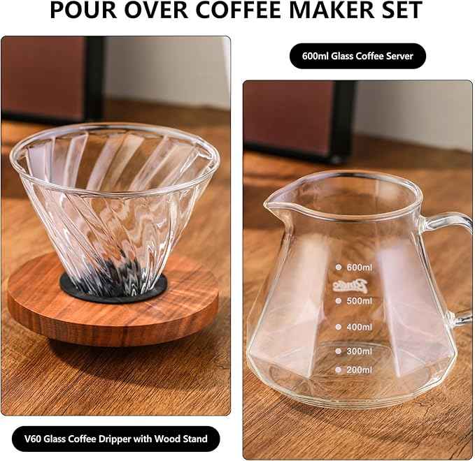 Bincoo Pour Over Coffee Maker Set - Borosilicate Glass Dripper with Walnut Handle & Glass Lid, 50 pcs Paper Filters Included - 600ml Pour Over Coffee Dripper for Home, Café, & Camping (Dark Gray)