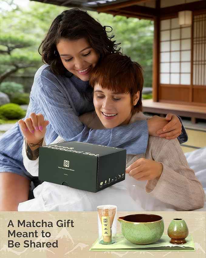 Maestri House Matcha Whisk Set, 7-Pc Complete Matcha Kit with Spouted Ceramic Bowl, Bamboo Whisk and Holder, Scoop, Spoon Rest & Sifter, Tea Cloth – Ideal Gift for Matcha Lovers (Verdant Abyss)