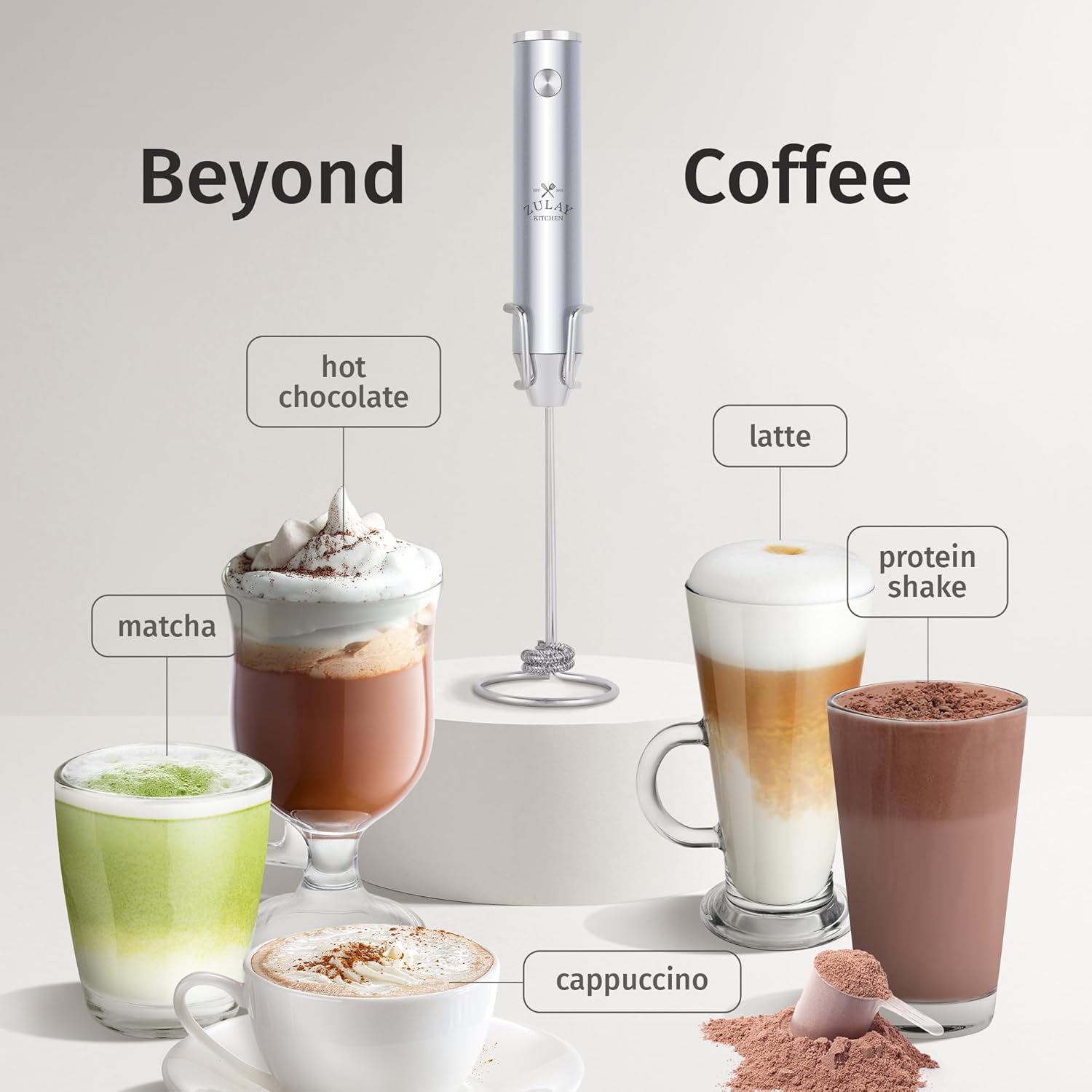 Zulay Kitchen Lux Rechargeable Milk Frother Handheld - Powerful 2-Speed Motor, Fully Waterproof, 2000mAh Battery - Drink Mixer For Latte, Cappuccino, Matcha, Protein Powder - Silver