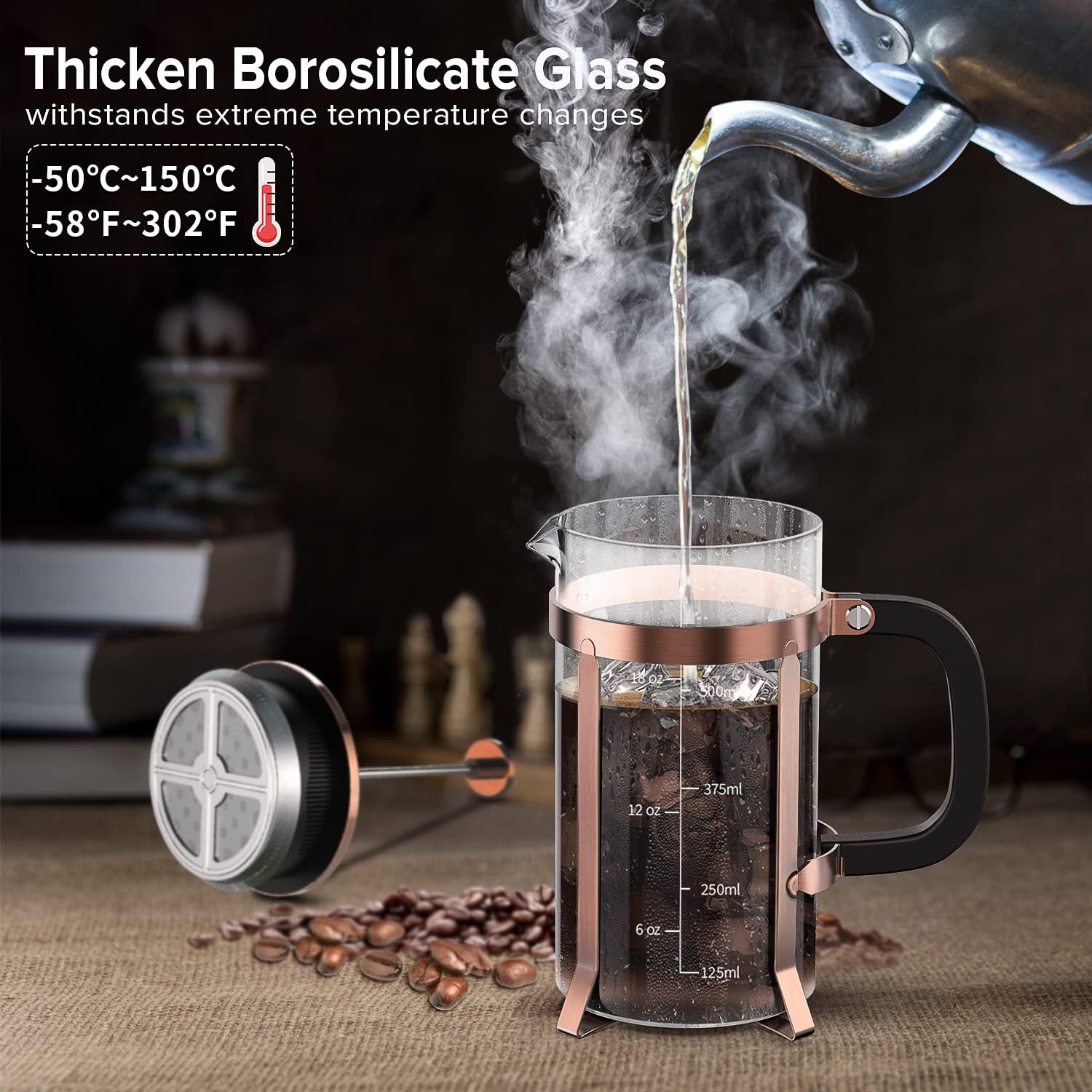 QUQIYSO Coffee Maker 304 Stainless Steel French Press with 4 Filter, Heat Resistant Durable, Easy to Clean, Borosilicate Glass Coffee Press, 100% BPA Free Teapot, 21 ounce, copper - Blissbrew