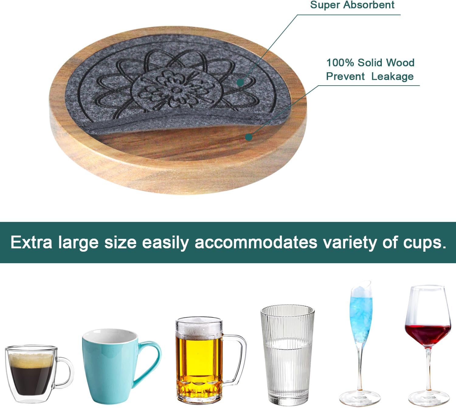 Wood Coasters for Drinks Set of 8, Minacun Absorbent Coaster, Drinks Coasters for Coffee Tabletop Protection, Non-Slip, Non-Stick, Suitable for Kinds of Cups Wooden Table Drink, 4.3 Inch Gray