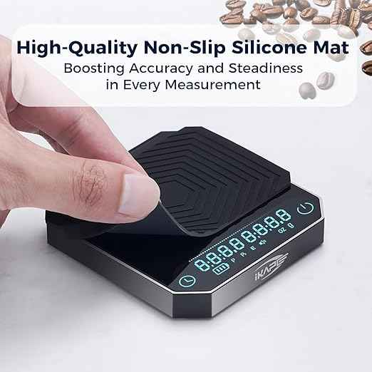 IKAPE Digital Coffee Scale with Timer, 0.1g High Precision Espresso Scale, 2kg Capacity, Waterproof Rechargeable Aluminum Alloy Coffee Scale with Auto Tare & Silicone Pad