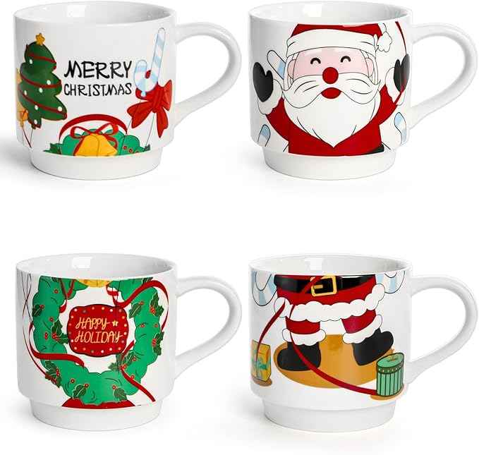 Peohud Set of 4 Christmas Coffee Mugs, 14 Oz Stackable Cappuccino Cups with Metal Stand, Porcelain Holiday Hot Cocoa Mugs Gift Set for Families, Friends, Latte, Americano, Milk, Beverages