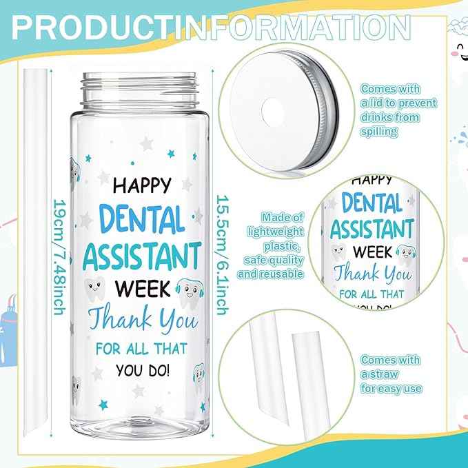 Vesici 24 Pcs Dental Assistants Week Gift 14.2oz Thank You Gifts Tumbler with Lid and Straw Dental Assistants Appreciation Party Favors Decorations Plastic Reusable Tumbler for Women Men Coworker