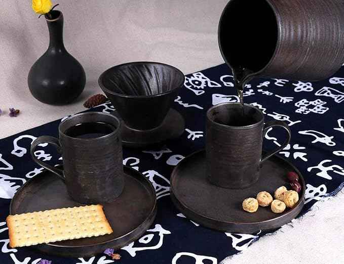 Handmade Stoneware Pour Over Drip Coffee Maker & Cups Set, Coffee Brewer Dripper Cone Filter, Coffee Decanter & Espresso Cups & Saucers Gift Set, Annular Veins Retro Metallic Glazed,16oz
