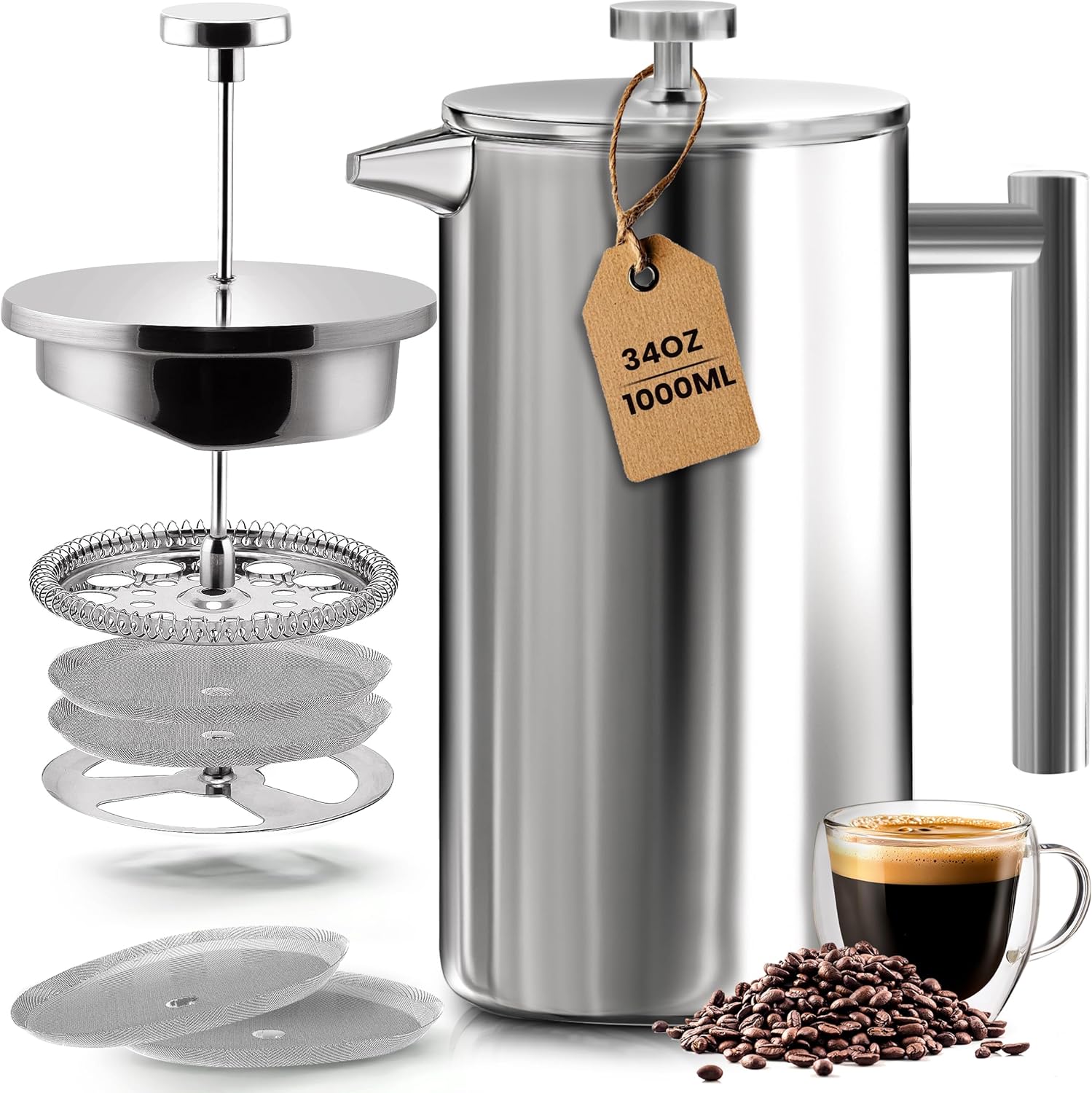 Utopia Kitchen Stainless Steel French Press Coffee Maker 34 Oz (1 Litre) with 2 Extra Filters, French Press Coffee & Tea Maker for Kitchen & Camping, Cold Brew Cafetiere, Silver - Blissbrew