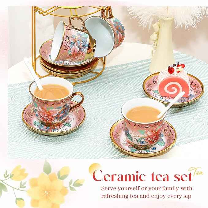 20 Pcs Porcelain Tea Set for Adults with Metal Holder and Spoon European Ceramic Tea Party Set Flower Painting Teapot Cup Saucer for Christmas Women Gifts, Serving 6 People(Fresh)