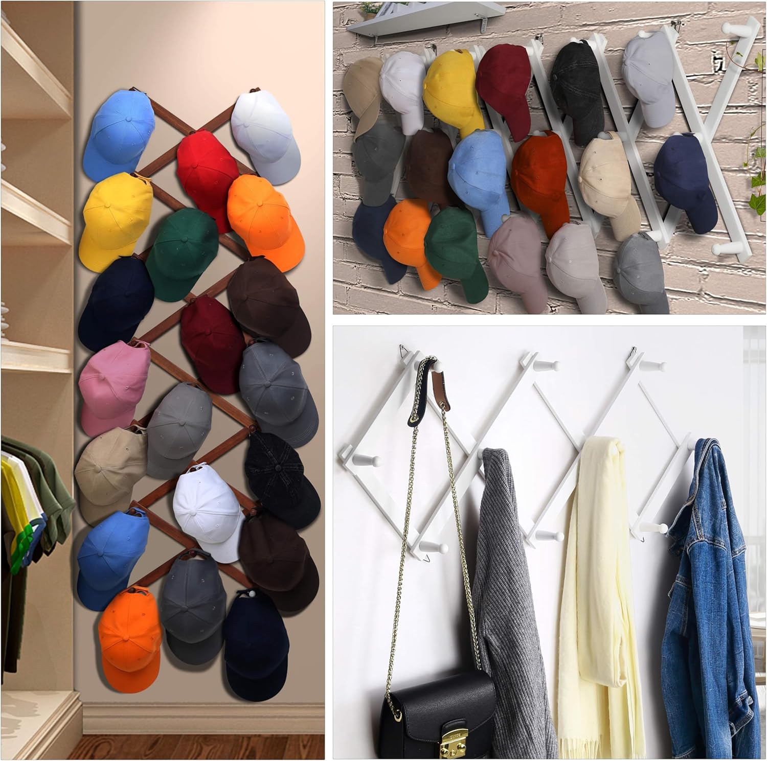 Dseap Accordian Wall Hanger: 16” High Wooden Wall Expandable Coat Rack, Hat Rack Holder, Accordion Hook for Baseball Caps, Coats, Mugs, 16 Peg Hooks, Brown