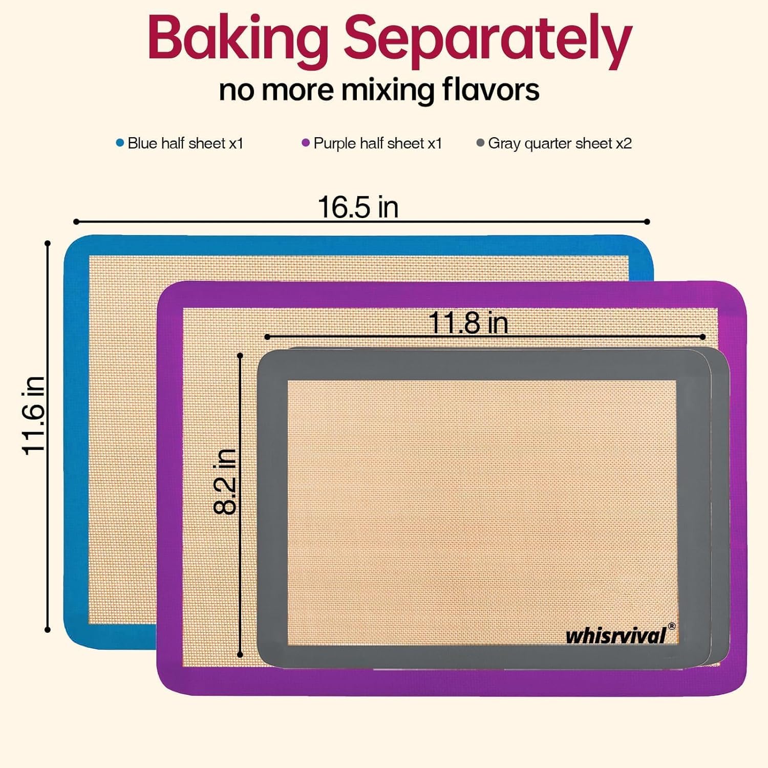 4 Pack Silicone Baking Mat, Non-Stick Silicone Baking Sheet, Food Safe Silicone Mats for Baking, 480℉ Heat Resistant, 2 Half & 2 Quarter (Purple, Blue, Grey)