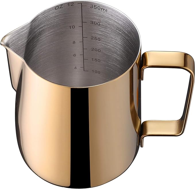 Milk Frothing Pitcher 12oz Stainless Steel Perfect for Latte Art,Espresso Maker,Cappuccino Maker-18/8 Stainless Steel Milk Frother 350ml Steaming Pitcher Golden