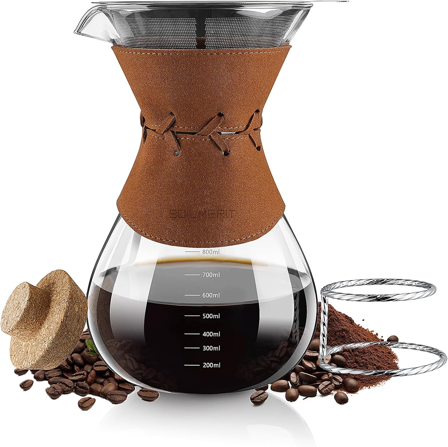 Pour Over Coffee Maker with Double-Layer Stainless Steel Filter - 27 oz Pour Over Coffee Dripper with Leather Collar, Heat Resistant 5 Cups Glass Coffee Carafe with Cork Lid for Hand Brewing Lovers - Blissbrew