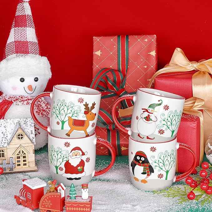 YHRJWN Christmas Mugs Set of 4, Merry Christmas Coffee Mugs with Reindeer, Santa, Snowman, Penguin Designs, Holiday Gifts for Family & Friends, 11 Oz