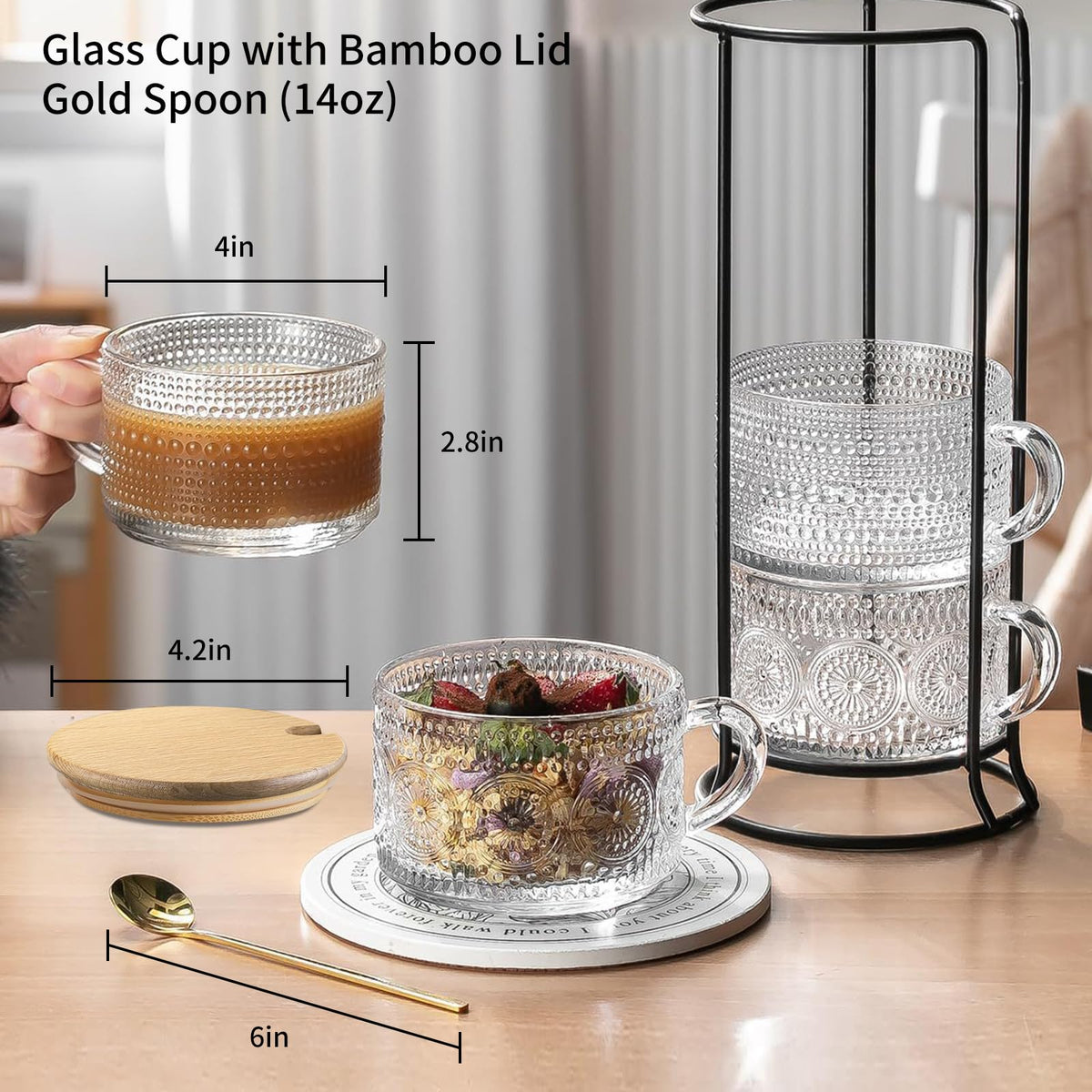 Glass mug with embossed raindrop pattern in varied sizes