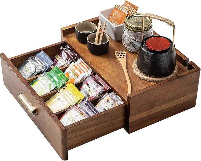 Shanik Custom Engraved Organizer - Personalized Box with Drawer for Tea Collection, Solid Wood Station - Modern Drinker Gift.