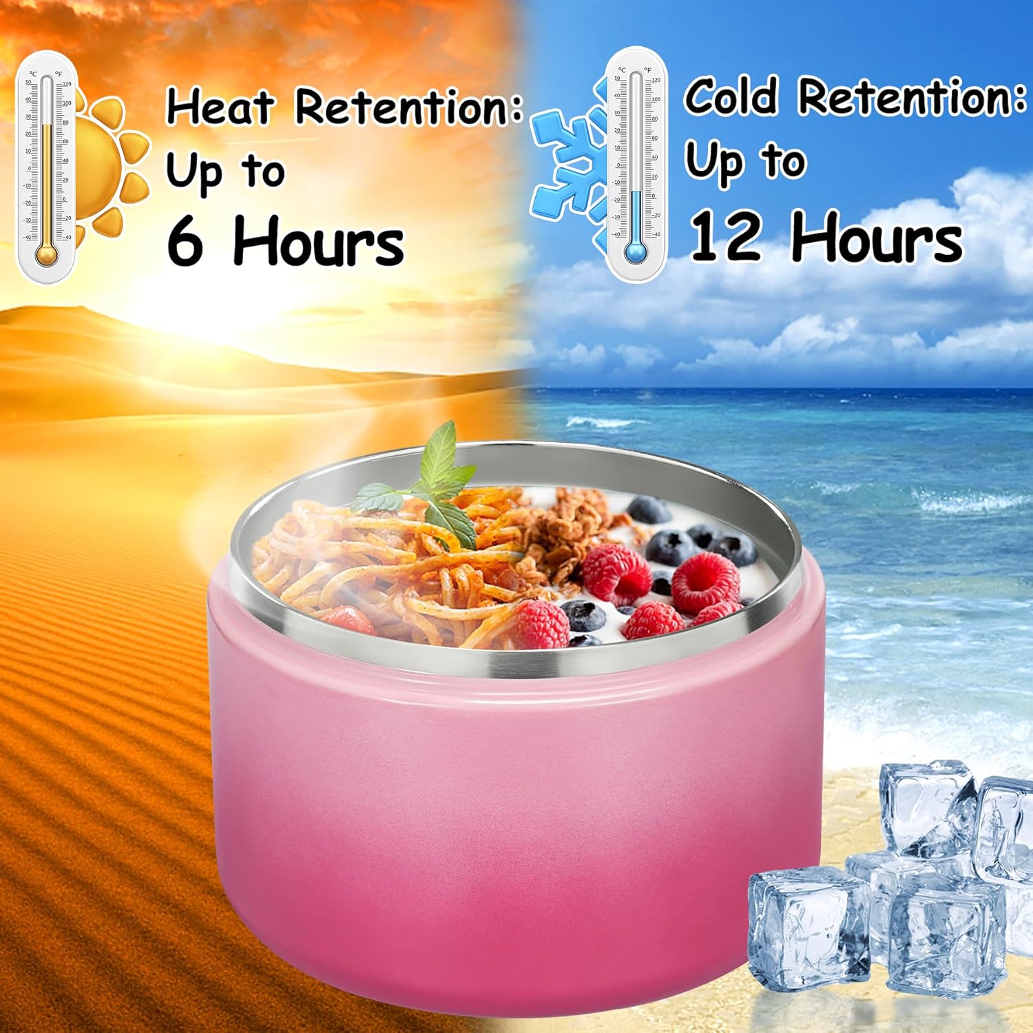 12oz Insulated Vacuum Food Jar with Buckle Lid Wide Mouth Soup Thermo for Hot Food Kids Leakproof Stainless Steel Lunch Container (Gradient Pink, 12OZ) - Blissbrew