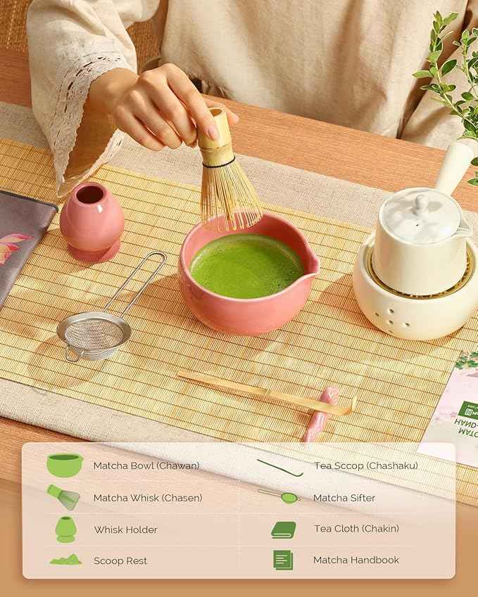 Maestri House Pink Matcha Whisk Set, 7-Pc Complete Matcha Kit with Spouted Ceramic Bowl, Bamboo Whisk and Holder, Scoop, Spoon Rest & Sifter, Tea Cloth – Ideal Gift for Matcha Lovers (Pink)