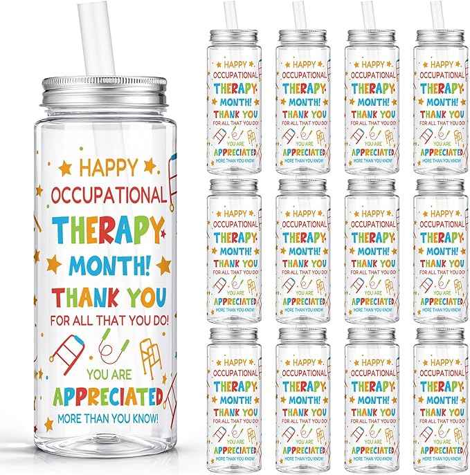 Vesici 24 Pcs 14.2oz Occupational Therapy Month Gifts Tumbler with Lid and Straw Plastic Reusable Tumbler Bulk Inspirational Gifts Cold Drinking Cup for Women Men Coworker Stuff