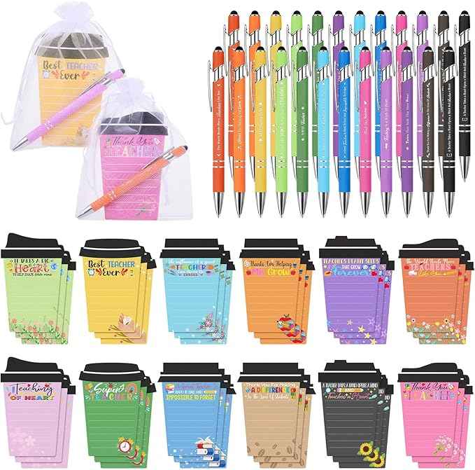 36 Set Teacher Appreciation Gifts Bulk Team - 36 Coffee Cup Notepad+ 36 Ballpoint Pens+ 36 Drawstring Gift Bags, Bulk Gifts for School Office Christmas Teacher's Day Coworker Nurse Employee