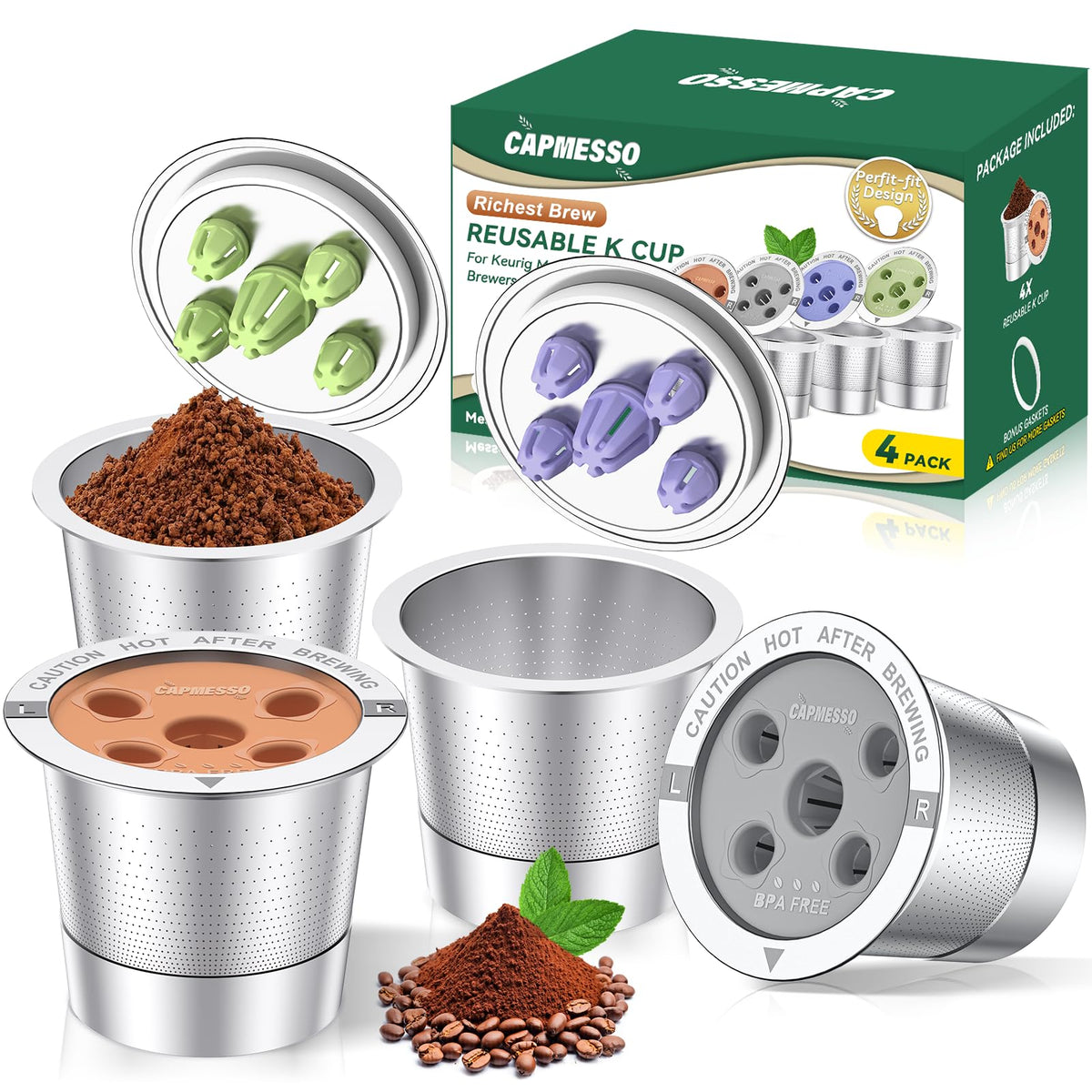 Four reusable stainless steel coffee pods with 5-hole lids