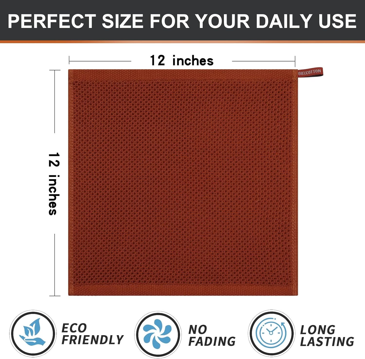 Kitinjoy 100% Cotton Kitchen Dish Cloths, 8 Pack Waffle Weave Ultra Soft Absorbent Dish Towels for Drying Dishes Quick Drying Kitchen Towels Dish Rags, 12 X 12 Inches, Rust
