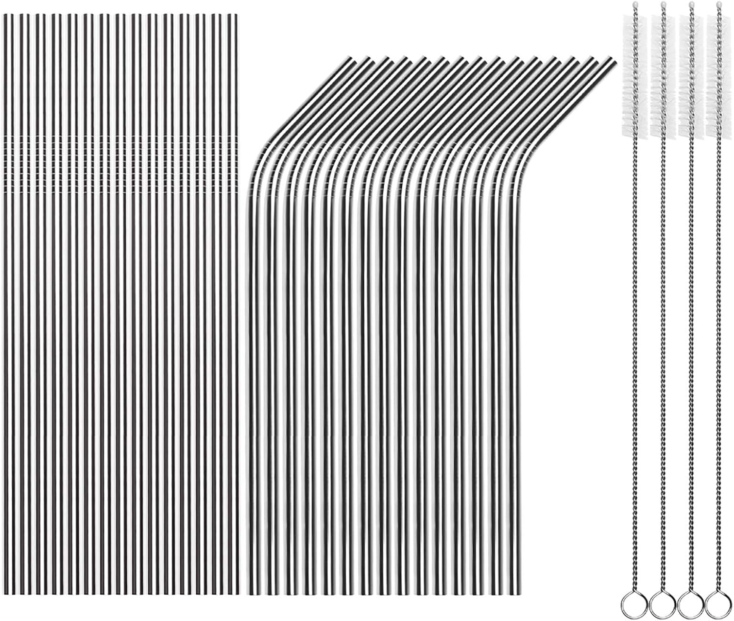 Tomorotec Reusable Straws 30 Pack, Stainless Steel Drinking Straws, Metal Straw Bulks for Smoothies Tumblers Cocktail MilkShake,Set of 15 Straight and 15 Bent with 2 Cleaning Brushes, Silver
