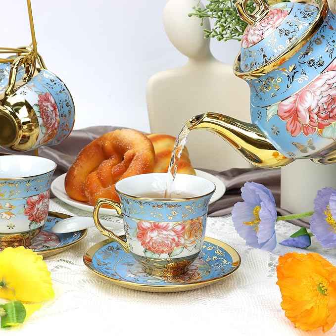 20 Pcs Porcelain Tea Set with Metal Holder, Adult Tea Set Gift, European Ceramic Tea Set for Adults, Flower Tea Cup Saucer Set for Party With Gold Flower Painting (Serene Blue)
