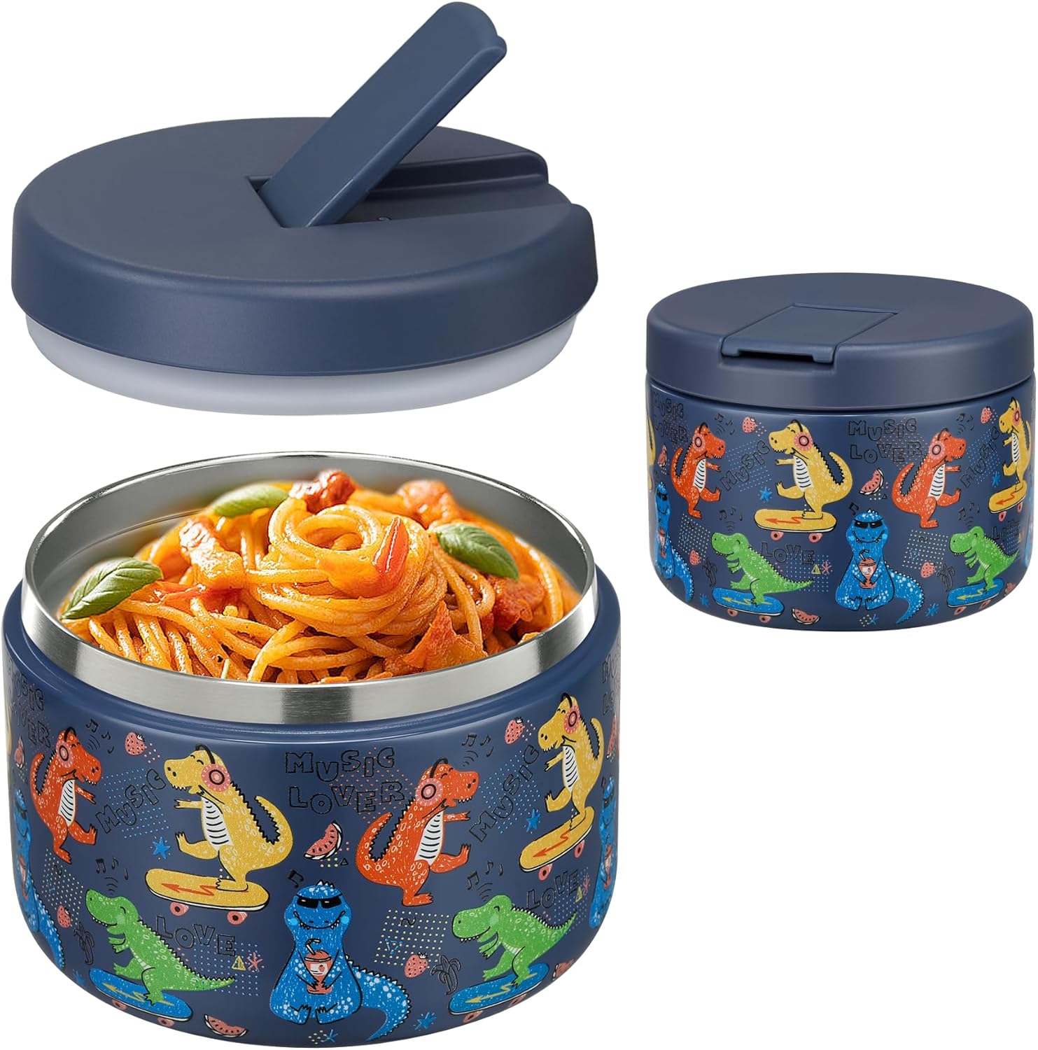 12oz Insulated Vacuum Food Jar with Buckle Lid Wide Mouth Soup Thermo for Hot Food Kids Leakproof Stainless Steel Lunch Container (Blue-Dinosaur) - Blissbrew