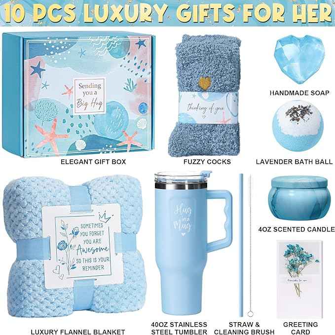 Birthday Gifts for Women Self Care Get Well Soon Gifts, Ocean Relaxing Spa Kit Bath Gift Basket Care Package w/ Flannel Blanket 40 OZ Tumbler, Mother's Day Gift for Mom Her Wife Girlfriend Sister