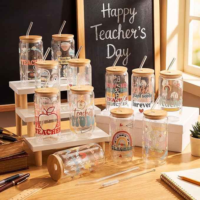 12 Sets Teacher Appreciation Gifts 2026 Bulk 16 oz Teacher Glass Cups with Lids and Straws Can Shaped Iced Coffee Mugs Thank You Gifts for Kindergarten Preschool Educator Graduation Retirement