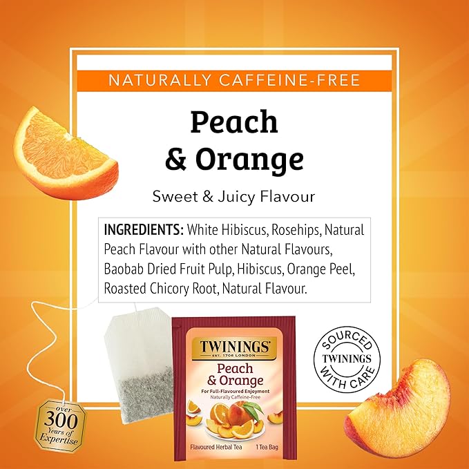 Twinings Peach & Orange Herbal Tea Individually Wrapped Bags, 20 Count (Pack of 1), Juicy & Fruity, Naturally Caffeine-Free, Enjoy Hot or Iced