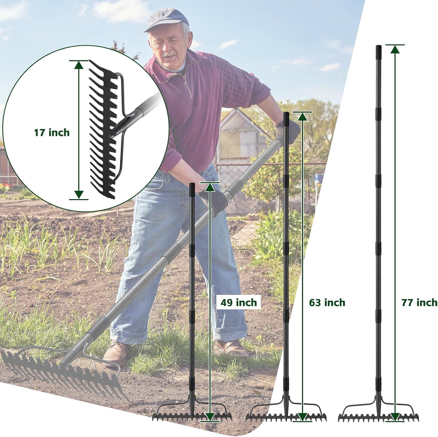 63'' Bow Rake ，17 Tines Metal Head Rakes with Stainless Steel Handle，Heavy Duty Garden Rake for Loosening Soil Gathering Leaf Leveling Lawn Farming Land Management Yarn Thatch Rake