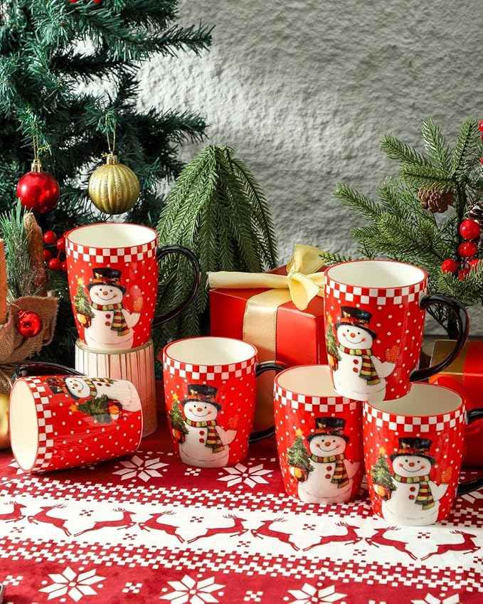 HASENSE Christmas Coffee Mugs Set of 6,15oz Ceramic Mug Gift, Matching Xmas Holiday Cups with Handles for Hot Cocoa,Coffee,Christmas Gifts for Women,Family, Friends