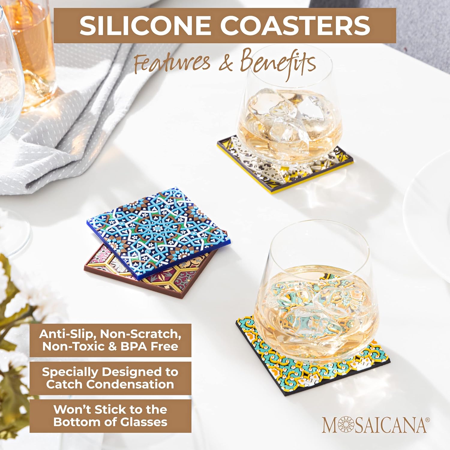Silicone Coasters Set of 4, Protect Against Water Marks or Damage - Fit All Cups, 3.5" Inch Size, Colored Coasters (Combination)