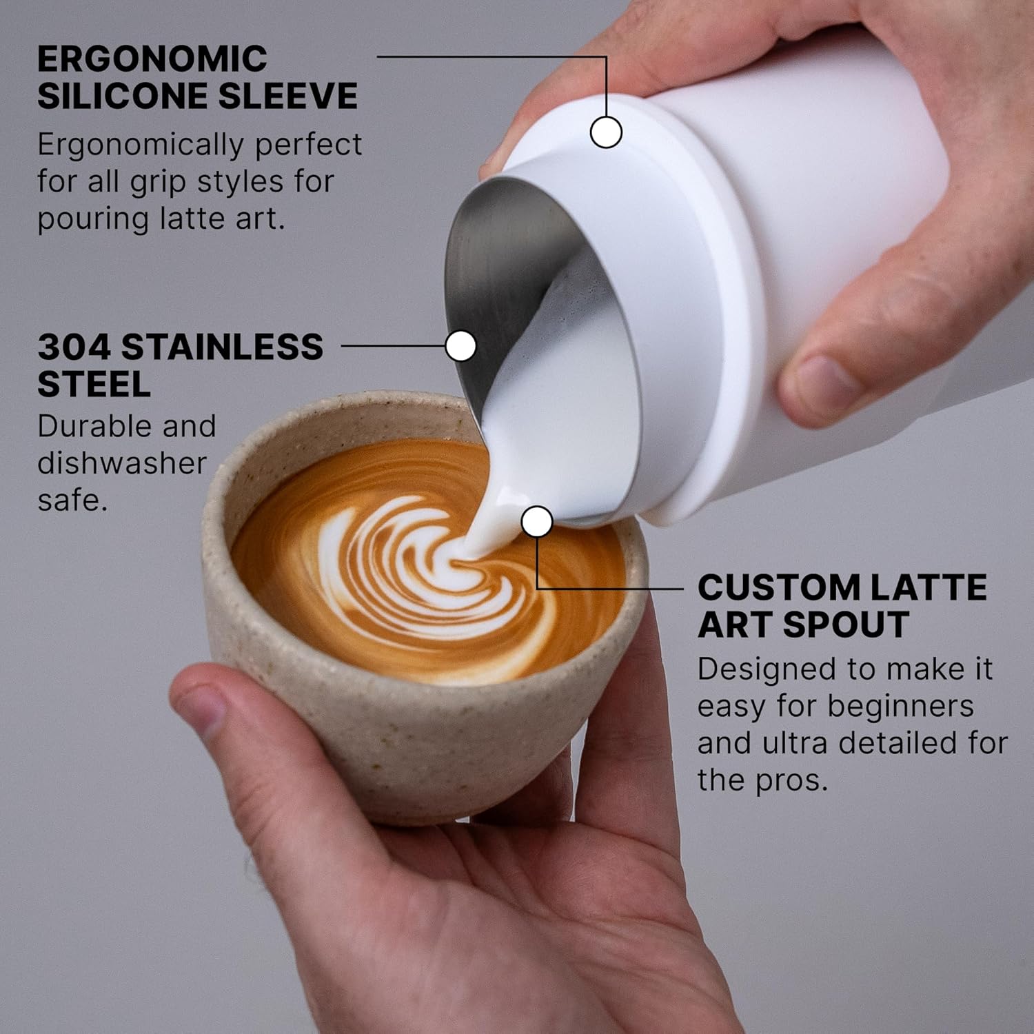 Subminimal FlowTip Handless Jug | Stovetop Milk Frothing, Foaming Pitcher for Premium Barista-Style Coffee | Cappuccino & Latte Art Pouring Jug with Ergonomic Heat Resistant Handle | 450ml, White