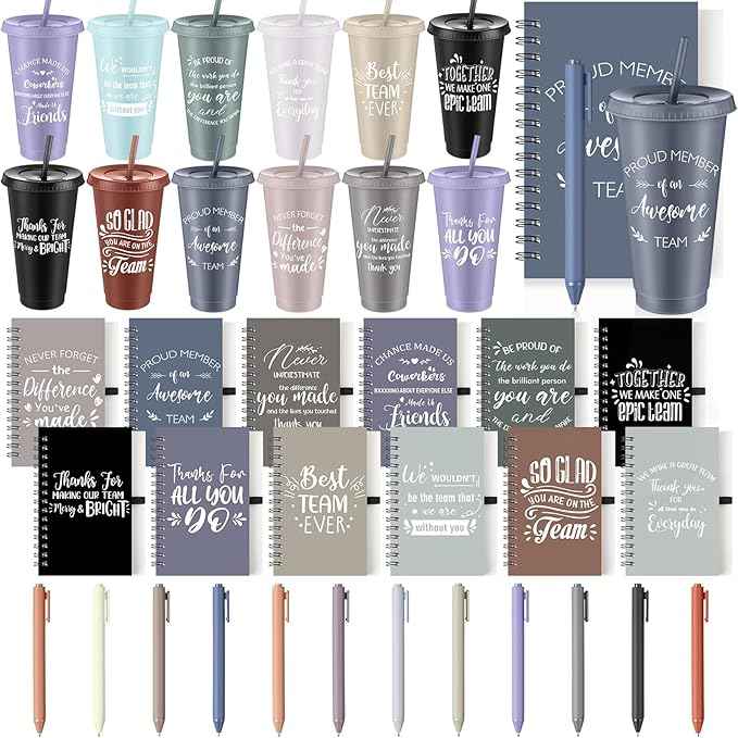 Shellwei 36 Pcs Employee Appreciation Gifts Bulk 24 oz Thank You Tumbler with Lid and Straw Mini Spiral Notebooks and Pens Appreciation Gifts for Team Employee Coworkers Teacher (Bright)