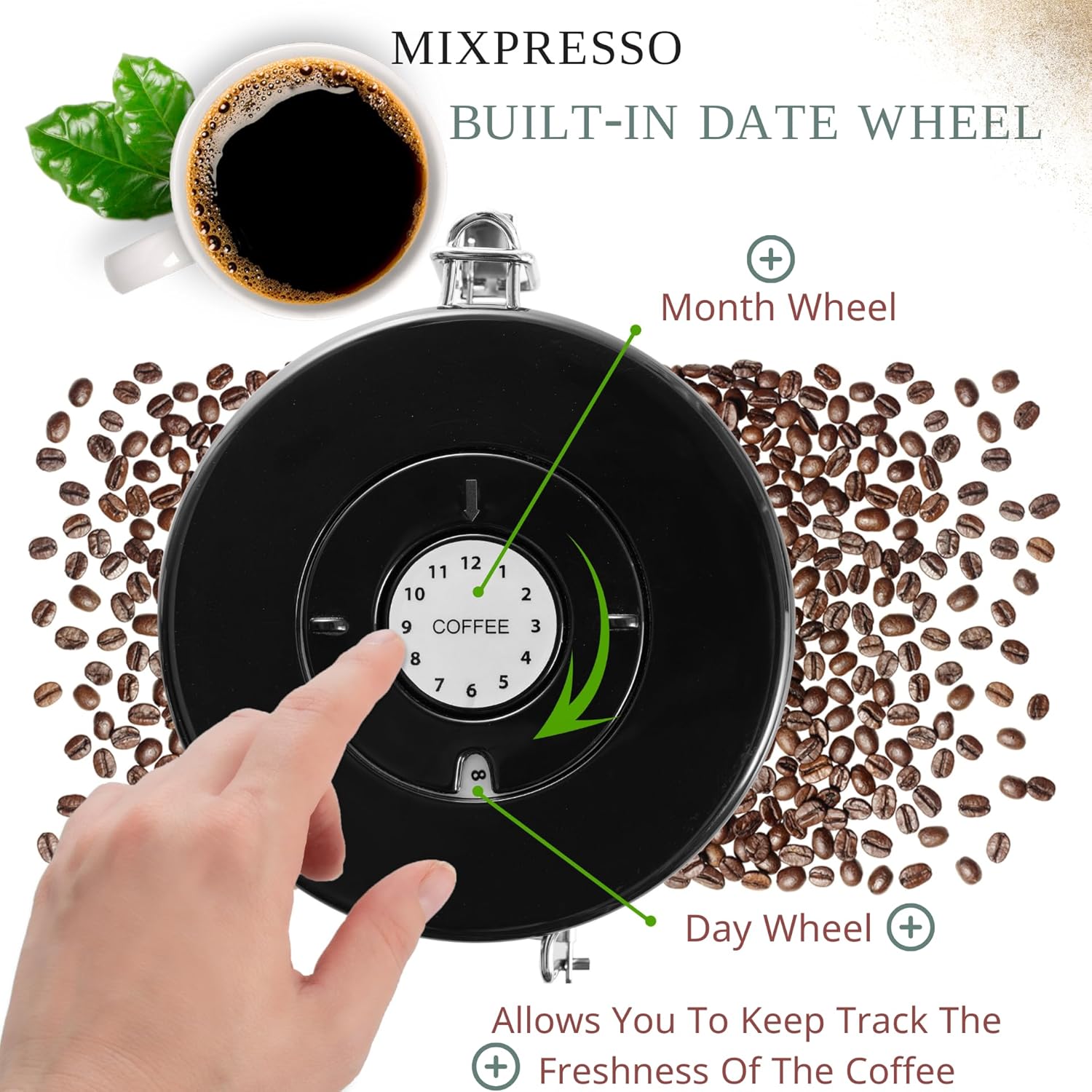 Mixpresso 16 Oz Black Coffee Canister, Stainless Steel Airtight Coffee Container, Air tight Jar Tea Storage with Date Tracker, Vacuum Sealed Espresso Airtight Canister, Sugar Container for Home