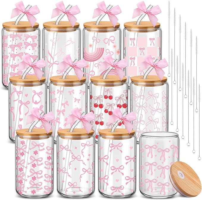12 Sets Pink Bow Valentine's Day Glass Cups Gifts Bulk 16 oz Iced Coffee Cups with Lids and Straws Cute Glass Tumbler Girly Galentine's Day Gifts for Women Coworker Party Favor(Pink Bow)