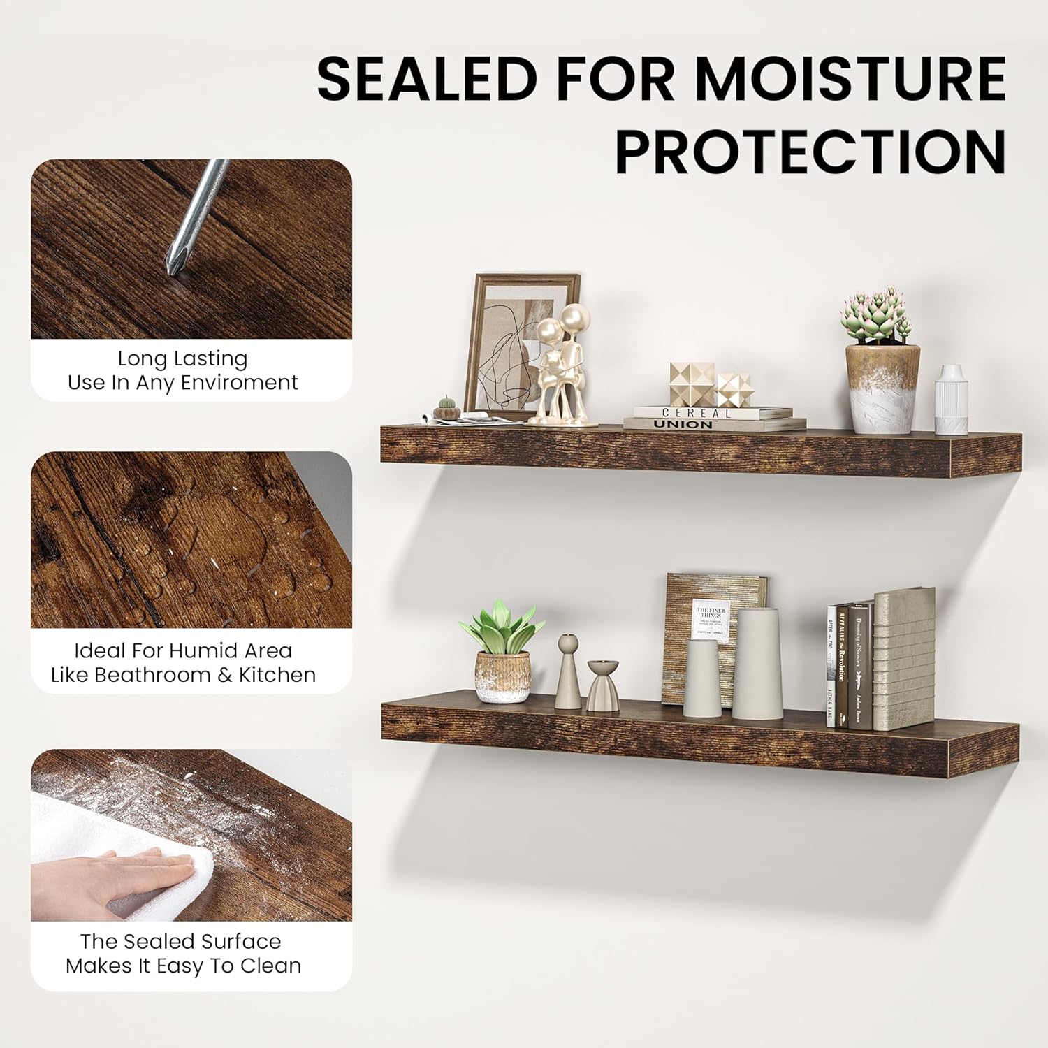 Floating Shelves for Wall, 55"W x 9.3"D x 1.5"H, Long Wooden Wall Mounted Display Shelf with Invisible Brackets for Living Room, Bedroom, Bathroom, Kitchen Decor & Storage,Set of 1,Rustic Brown