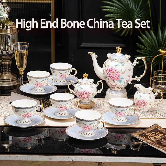 21-Piece Bone China Tea Set for 6, Vintage Floral Butterfly Design with Gold Trim, Includes Teapot, Sugar Bowl, Creamer & Cups/Saucers, Elegant Gift for Tea Lovers